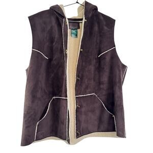 Lauren Ralph Lauren Hooded Womans Sherpa Lined Faux Suede Vest 2X Brown Gorp